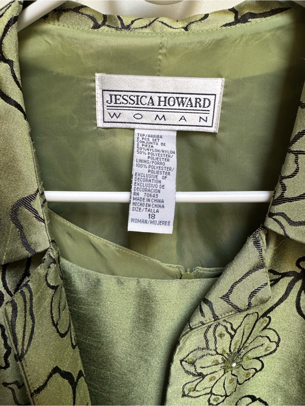 Jessica Howard Sage Green Sleeveless Dress 3/4 Beaded Floral Jacket Set Woman 18 - Picture 3 of 16